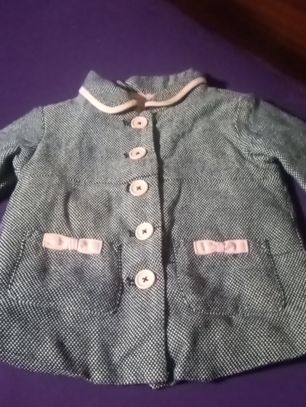 Girls' Textured Black & White Button-Front Coat with Pink Bow Detail